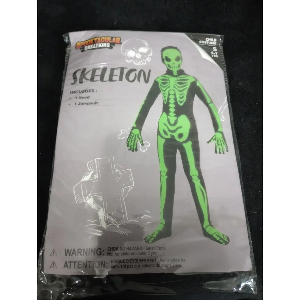 Kids Skeleton Halloween Costume Glow Green Black Jumpsuit Hood Size S 5-7...